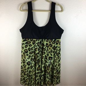 Plus Size Women's Black Green Leopard Swim Dress 4XL